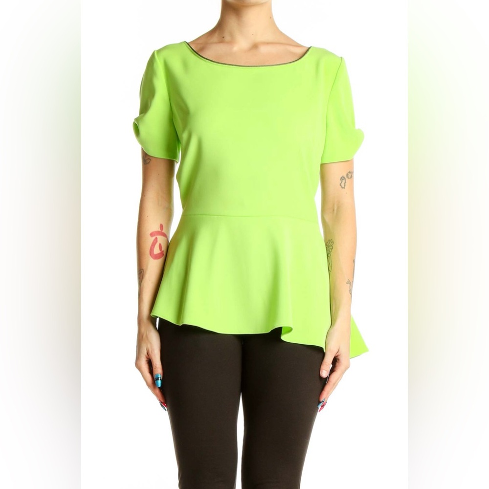 T Tahari Novalee Peplum Blouse Top Lime Green Neon Yellow Zipper Track Neck Sz M